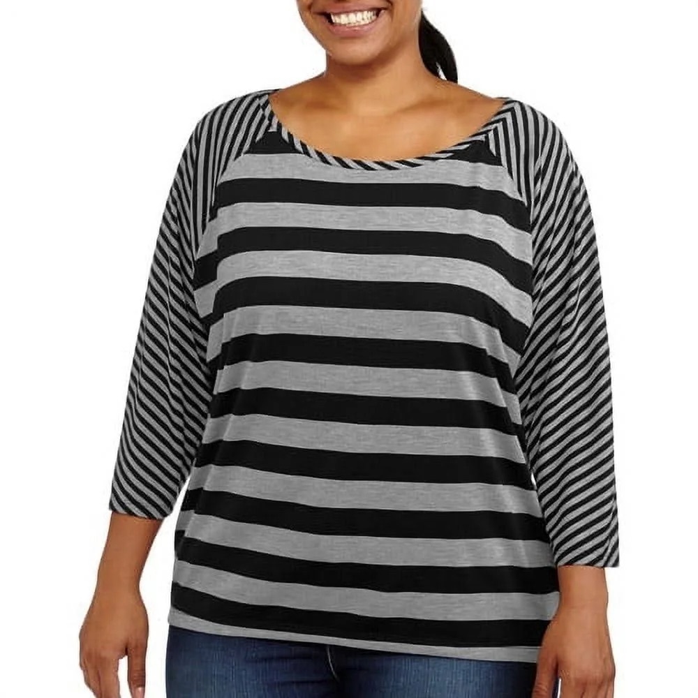Faded Glory Striped Top Black and Gray Women's Casual 3/4 Length Sleeve 2X